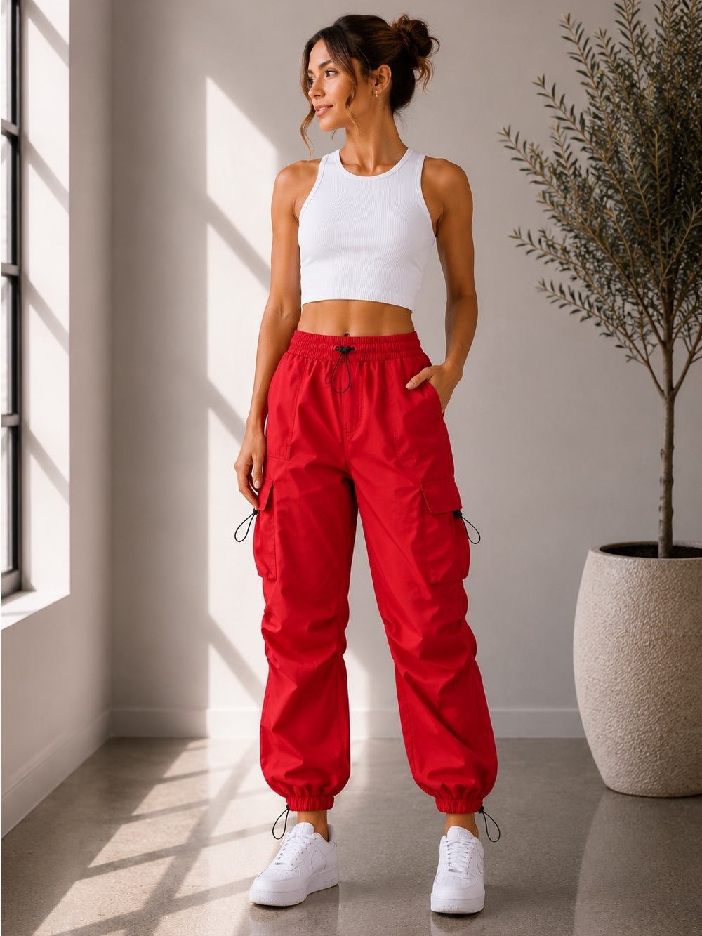 Red Cargo Jogger Track Pants for Women